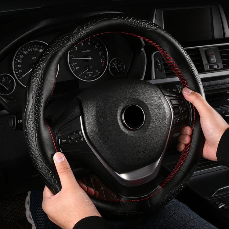 38cm Four-Season Embossed Hand-Sewn Cowhide Steering Wheel Cover(Coffee) - Steering Wheel Accessories by PMC TechLife | Online Shopping South Africa | PMC TechLife | Buy Now Pay Later Mobicred