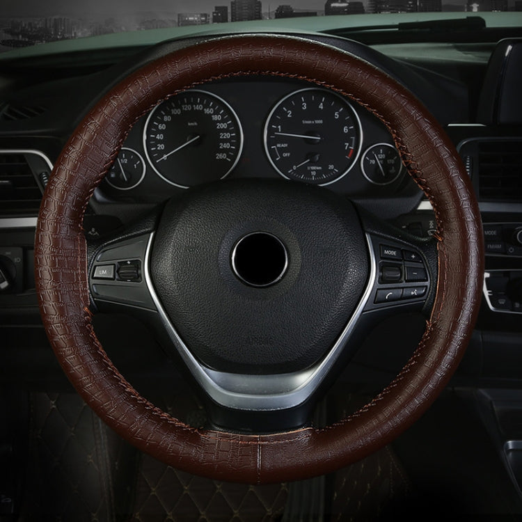 38cm Four-season Embossed Cowhide Hand-sewn Steering Wheel Cover(Brown) - Steering Wheel Accessories by PMC TechLife | Online Shopping South Africa | PMC TechLife | Buy Now Pay Later Mobicred