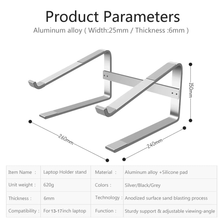 Desktop Aluminum Alloy Heightened Heat Dissipation Laptops Stand(Silver) - Laptop Stand by PMC Jewellery | Online Shopping South Africa | PMC Jewellery | Buy Now Pay Later Mobicred