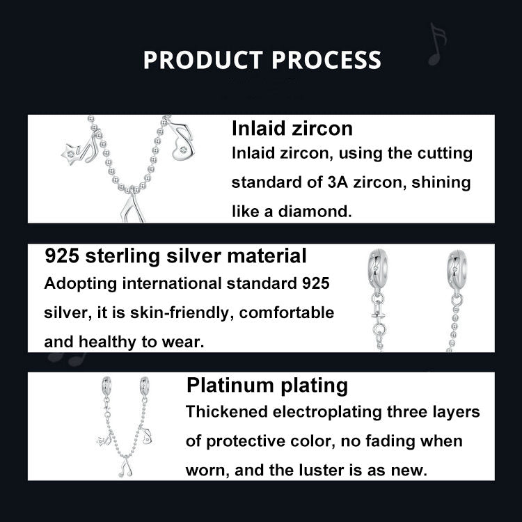 S925 Sterling Silver Platinum-plated Note Shape Safety Chain Jewelry Pendant Accessories(SCC2871) - Jewelry Accessories by PMC Jewellery | Online Shopping South Africa | PMC Jewellery | Buy Now Pay Later Mobicred