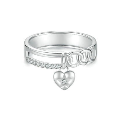 S925 Sterling Silver Platinum-plated Double-layer Chain Heart-shaped Ring, Size: 8(BSR572) - Rings by PMC Jewellery | Online Shopping South Africa | PMC Jewellery | Buy Now Pay Later Mobicred