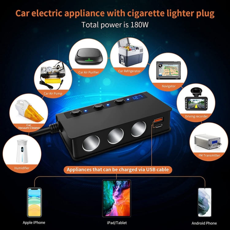 TR24 Car Cigarette Lighter One To Three With Switch 180W High Power Fast Charger(Black PD Version) - Cigar Socket by PMC Jewellery | Online Shopping South Africa | PMC Jewellery | Buy Now Pay Later Mobicred