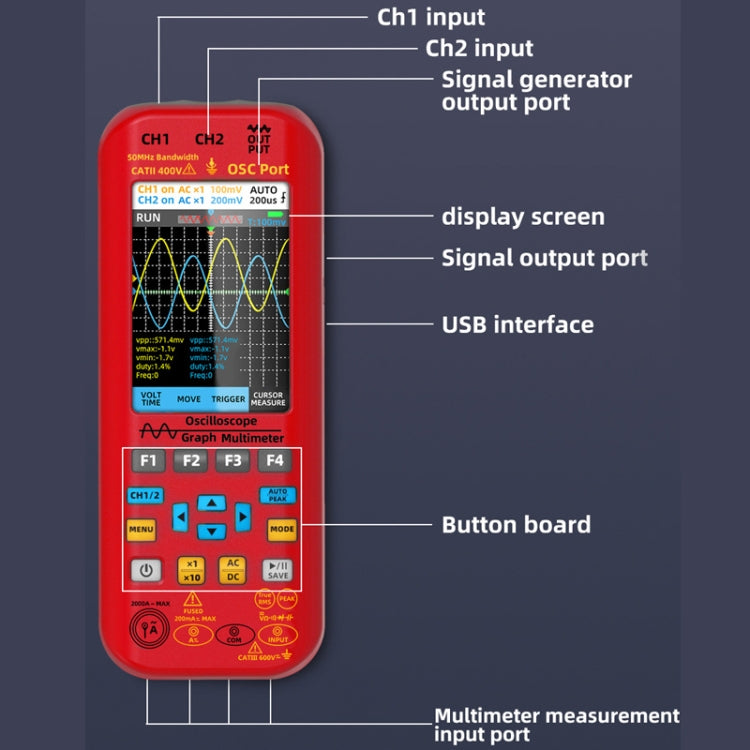 BSIDE O9 Digital Handheld Dual Channel 50MHz Oscilloscope Signal Source Multimeter, Spec: With Single Oscilloscope Probe (Red) - free shipping - PMC TechLife - Order now!