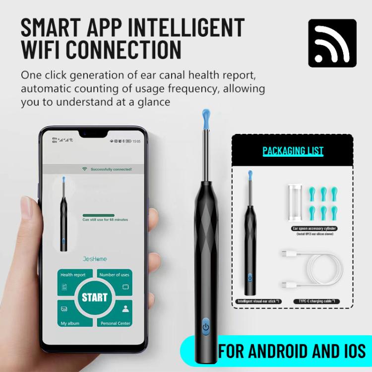 P3 LED Light WIFI Connection Smart Wireless Visual Ear Picker With APP(Black) - free shipping - PMC TechLife - Order now!