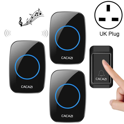 CACAZI A10G One Button Three Receivers Self-Powered Wireless Home Cordless Bell, UK Plug(Black) - Wireless Doorbell by CACAZI | Online Shopping South Africa | PMC Jewellery | Buy Now Pay Later Mobicred