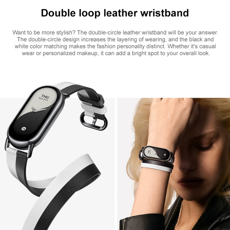 Original For Xiaomi Mi Band 8 Genuine Leather Double Loop Watch Band(Black White) - Watch Bands by Xiaomi | Online Shopping South Africa | PMC Jewellery | Buy Now Pay Later Mobicred