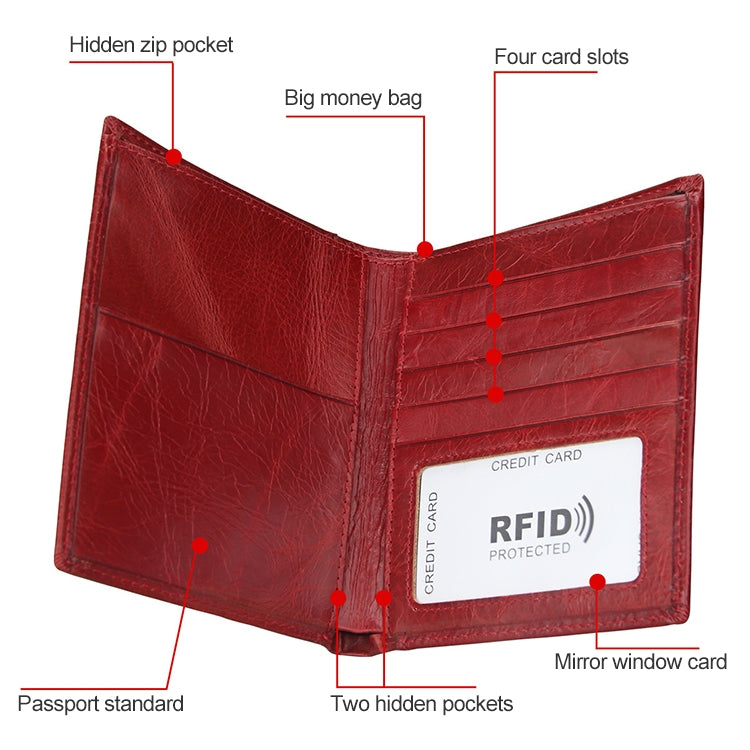 8235 Antimagnetic RFID Multi-function Crazy Horse Texture Leather Wallet Passport Bag(Red) - free shipping - PMC TechLife - Order now!