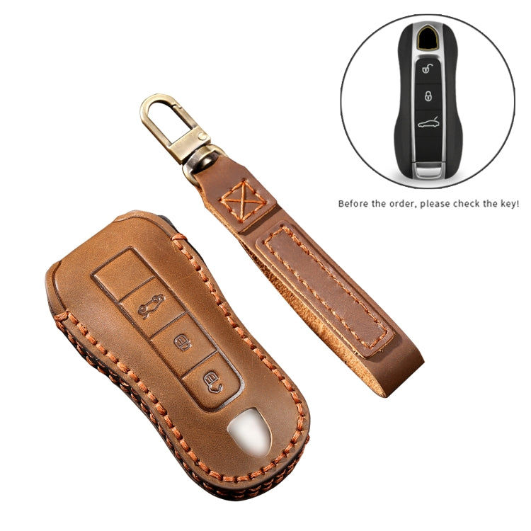 Hallmo Car Cowhide Leather Key Protective Cover Key Case for Porsche Macan 718 2021 B Style(Brown) - Car Key Cases by Hallmo | Online Shopping South Africa | PMC TechLife | Buy Now Pay Later Mobicred