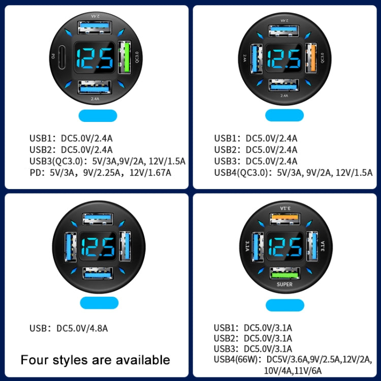 2pcs 4 in 1 USB QC3.0 Digital Display Car Fast Charger - Car Charger by PMC TechLife | Online Shopping South Africa | PMC TechLife