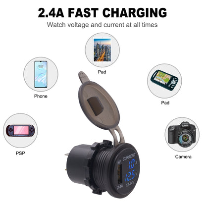 Universal Car Single Port USB Charger Power Outlet Adapter 2.4A 5V IP66 with LED Digital Voltmeter + Ammeter(Blue Light) - DIY Modified Charger by PMC Jewellery | Online Shopping South Africa | PMC Jewellery