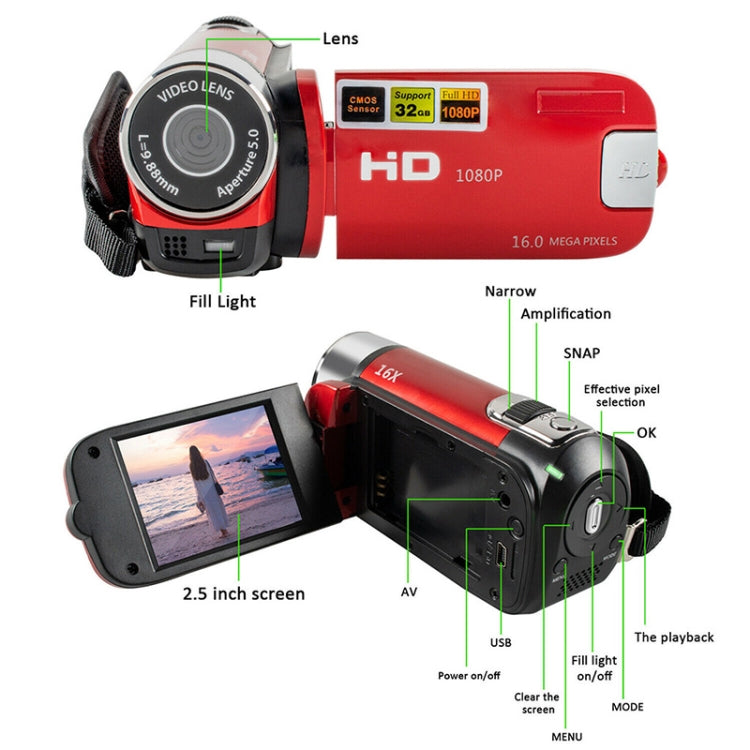 16X Digital Zoom HD 16 Million Pixel Home Travel DV Camera, EU Plug(Red) - free shipping - PMC TechLife - Order now!