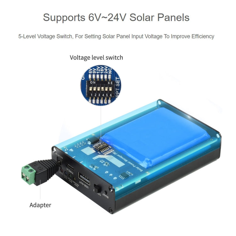 Waveshare Solar Power Manager, Embedded 10000mAh Li-Po Battery, Support 6V~24V Solar Panels (Black) - free shipping - PMC TechLife - Order now!