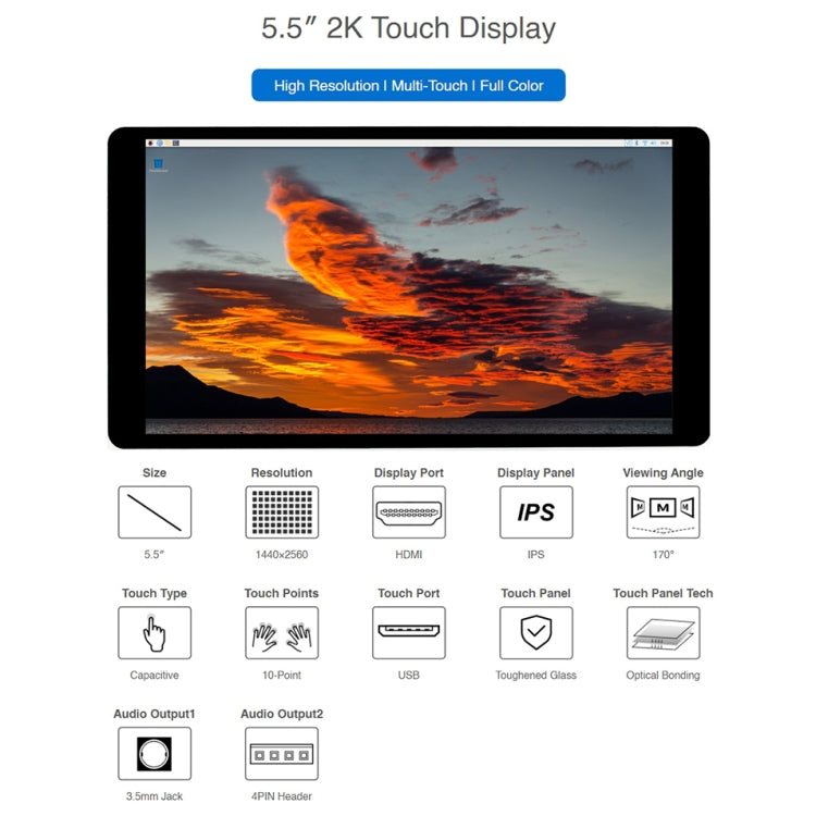 Waveshare 5.5 inch 1440 x 2560 2K Capacitive Touch LCD Display IPS Screen for Raspberry Pi , HDMI Interface - free shipping - PMC TechLife - Order now!