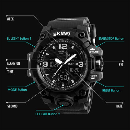 SKMEI 1155B Multifunctional Men Outdoor Sports Noctilucent Waterproof Large Dial Wrist Watch(Black) - Sport Watches by SKMEI | Online Shopping South Africa | PMC Jewellery | Buy Now Pay Later Mobicred