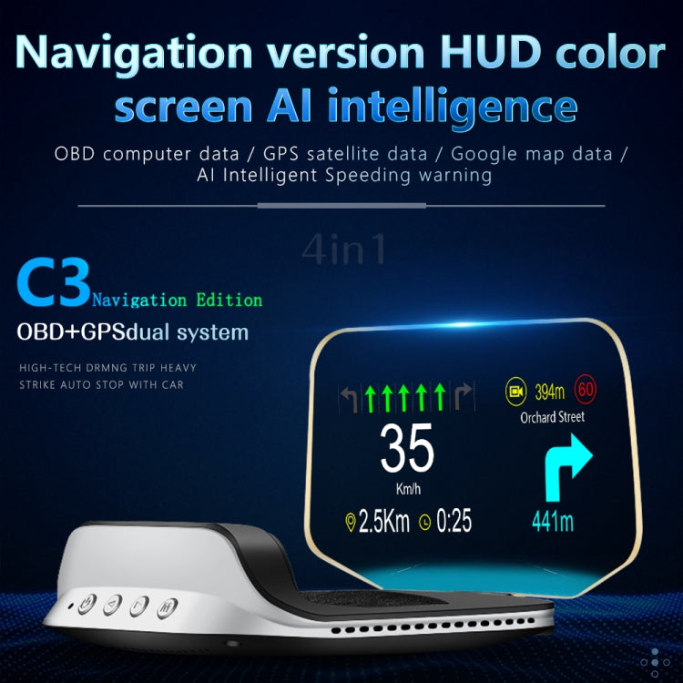 C3 OBD2 + GPS Mode Car Head-up Display HUD Overspeed / Speed / Water Temperature Too High / Voltage Too Low / Engine Failure Alarm / Fatigue Driving Reminder / Navigation Function - free shipping - PMC TechLife - Order now!