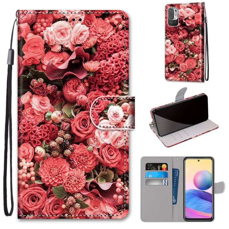 For Xiaomi Redmi Note 10 5G Coloured Drawing Cross Texture Horizontal Flip PU Leather Case with Holder & Card Slots & Wallet & Lanyard(Pink Rose Garden) - Xiaomi Cases by PMC Jewellery | Online Shopping South Africa | PMC Jewellery