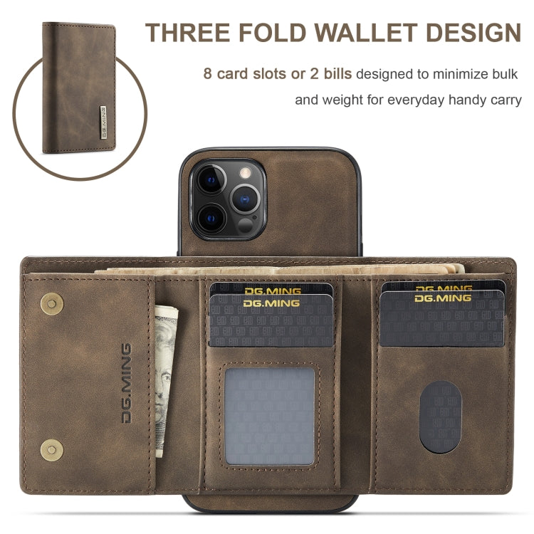 For iPhone 12 Pro Max DG.MING M1 Series 3-Fold Multi Card Wallet + Magnetic Back Cover Shockproof Case with Holder Function(Coffee) - iPhone 12 Pro Max Cases by DG.MING | Online Shopping South Africa | PMC TechLife | Buy Now Pay Later Mobicred