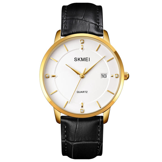 SKMEI 1801 Men Casual Calendar Quartz Watch(Gold and White) - Leather Strap Watches by SKMEI | Online Shopping South Africa | PMC Jewellery | Buy Now Pay Later Mobicred