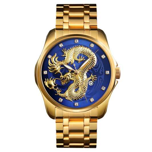 SKMEI 9193 Men Golden Dragon Pattern Calendar Dial Luminous Quartz Watch(Gold Blue) - Metal Strap Watches by SKMEI | Online Shopping South Africa | PMC Jewellery | Buy Now Pay Later Mobicred