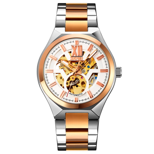 SKMEI 9258 Men Two-color Stainless Steel Strap Automatic Mechanical Watch(Middle Rose Gold Shell Silver Surface) - Metal Strap Watches by SKMEI | Online Shopping South Africa | PMC Jewellery | Buy Now Pay Later Mobicred