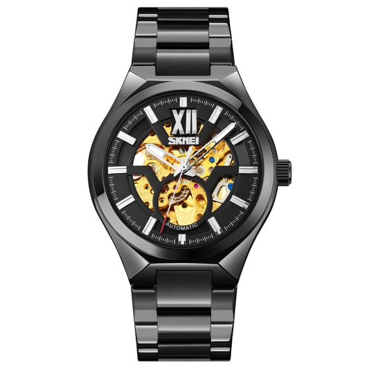 SKMEI 9258 Men Two-color Stainless Steel Strap Automatic Mechanical Watch(Black Shell Black Surface) - Metal Strap Watches by SKMEI | Online Shopping South Africa | PMC Jewellery | Buy Now Pay Later Mobicred