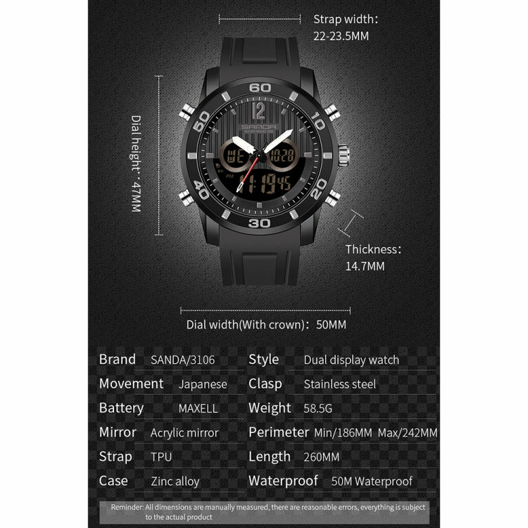 SANDA 3106 Dual Digital Display Men Outdoor Sports Luminous Shockproof Electronic Watch(Black Red) - Metal Strap Watches by SANDA | Online Shopping South Africa | PMC Jewellery | Buy Now Pay Later Mobicred