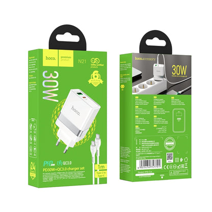 hoco N21 PD 30W Type-C / USB-C + QC 3.0 USB Mini Fast Charger with Type-C / USB-C to Type-C / USB-C Data Cable , EU Plug(White) - USB Charger by hoco | Online Shopping South Africa | PMC Jewellery