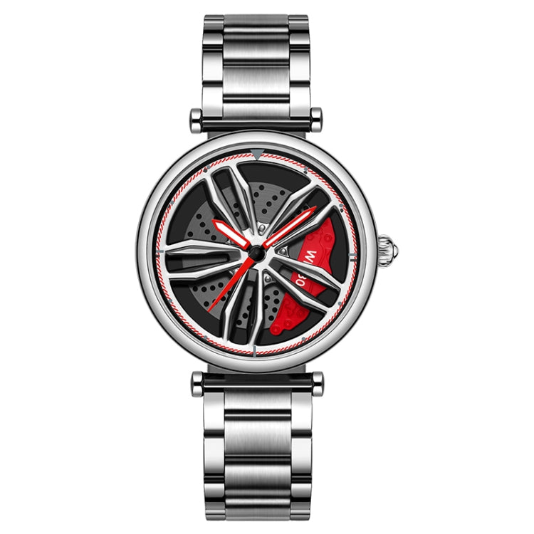 SANDA 1074 3D Hollow Out Wheel Non-rotatable Dial Quartz Watch for Women, Style:Steel Belt(Silver Red) - Metal Strap Watches by SANDA | Online Shopping South Africa | PMC Jewellery | Buy Now Pay Later Mobicred