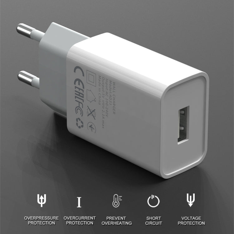 IVON AD-33 2 in 1 2.1A Single USB Port Travel Charger + 1m USB to 8 Pin Data Cable Set, US Plug(White) - USB Charger by IVON | Online Shopping South Africa | PMC Jewellery