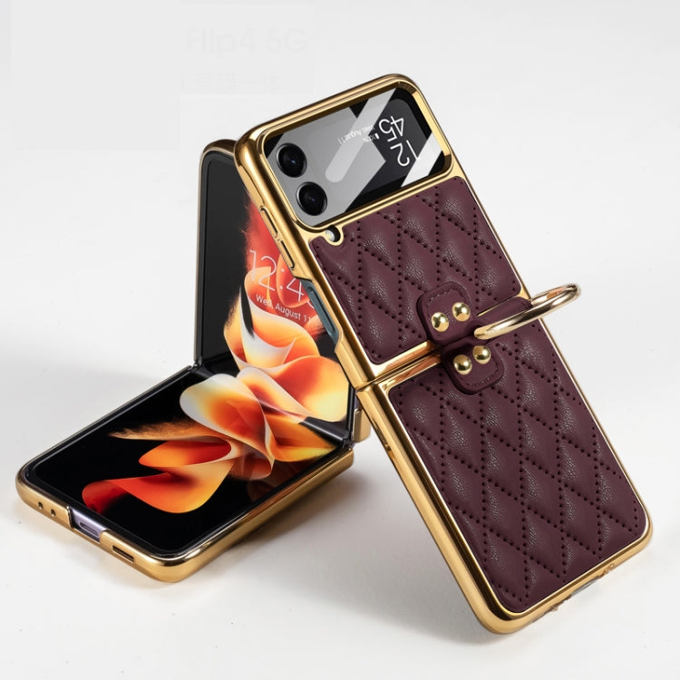 For Samsung Galaxy Z Flip4 GKK Integrated Plating + Leather Phone Case with Ring(Dark Red) - Galaxy Z Flip4 5G Cases by GKK | Online Shopping South Africa | PMC TechLife | Buy Now Pay Later Mobicred