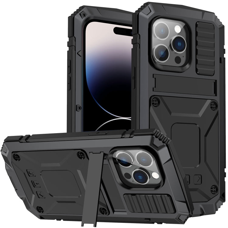 For iPhone 14 Pro Max R-JUST Shockproof Waterproof Dust-proof Case with Holder (Black) - free shipping - PMC TechLife - Order now!