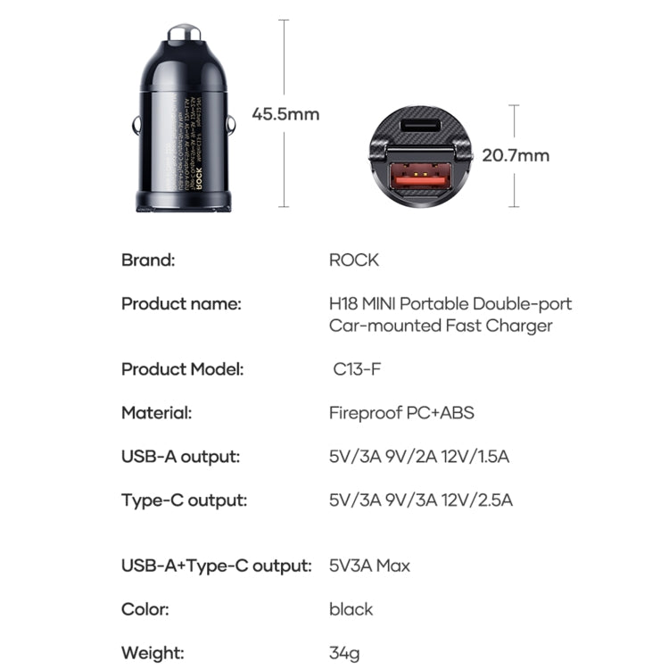 ROCK C13-F H18 Mini Portable Dual Port USB + USB-C / Type-C Car Fast Charger - Car Charger by ROCK | Online Shopping South Africa | PMC Jewellery