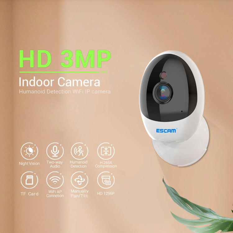 ESCAM QF006 3MP 1296P HD Indoor Wireless PTZ IP Camera IR Night Vision AI Humanoid Detection Home Security CCTV Monitor, Plug Type:AU Plug(White) - Mini Camera by ESCAM | Online Shopping South Africa | PMC Jewellery | Buy Now Pay Later Mobicred