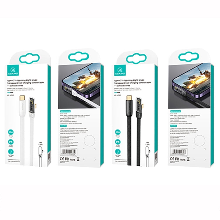 USAMS US-SJ586 PD 20W Iceflake Series Type-C to 8 Pin Right Angle Transparent Fast Charge Data Cable, Cable Length:2m(Black) - 2 in 1 Cable by USAMS | Online Shopping South Africa | PMC Jewellery