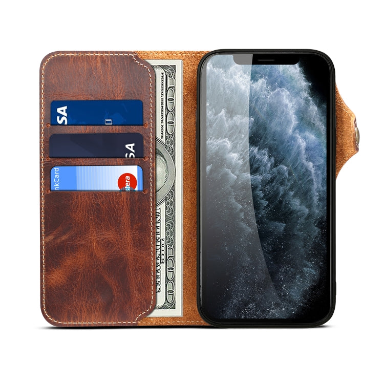 For iPhone 14 Denior Oil Wax Cowhide Magnetic Button Genuine Leather Case(Brown) - free shipping - PMC TechLife - Order now!