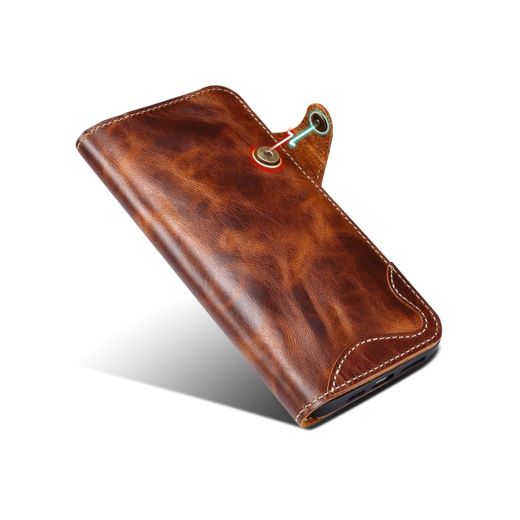 For iPhone 14 Denior Oil Wax Cowhide Magnetic Button Genuine Leather Case(Brown) - free shipping - PMC TechLife - Order now!