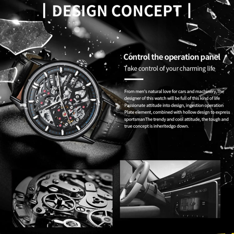 OCHSTIN 6020C Masterpiece Hollow Mechanical Men Watch(Black-Black) - Leather Strap Watches by OCHSTIN | Online Shopping South Africa | PMC Jewellery | Buy Now Pay Later Mobicred