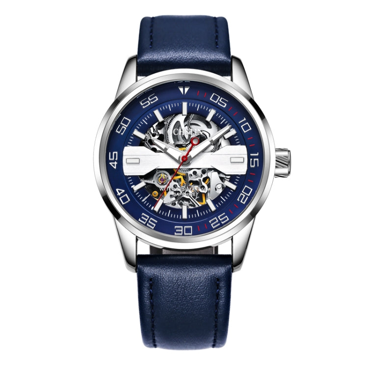 OCHSTIN 62002A Master Series Hollow Mechanical Men Watch(Silver-Blue) - Leather Strap Watches by OCHSTIN | Online Shopping South Africa | PMC Jewellery | Buy Now Pay Later Mobicred