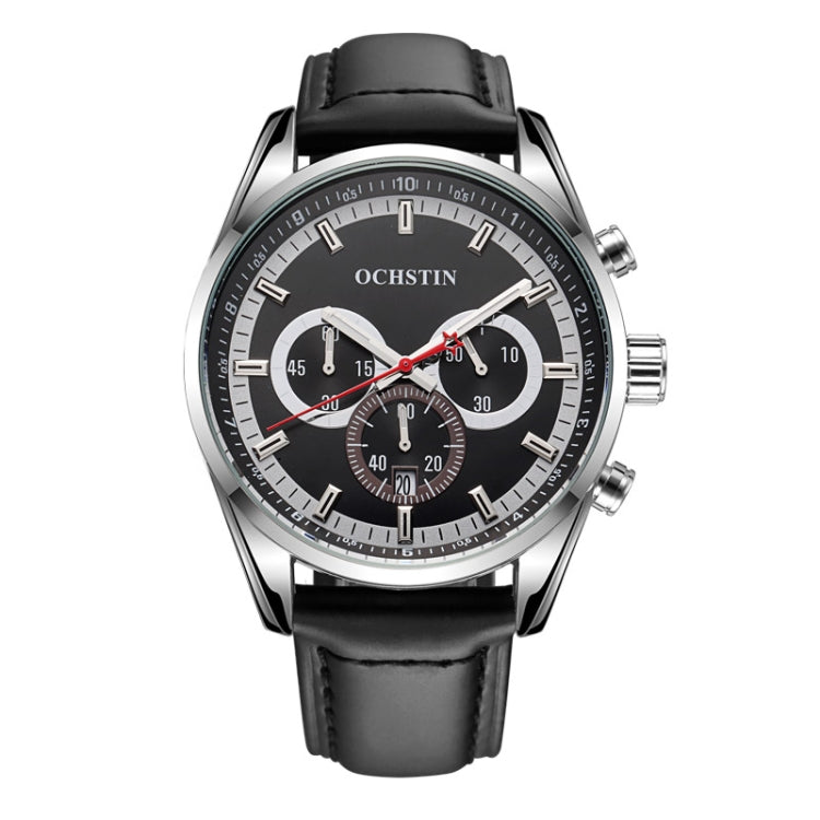 Ochstin 6046A Business Style Quartz Men Leather Watch(Silver+Black) - Leather Strap Watches by OCHSTIN | Online Shopping South Africa | PMC Jewellery | Buy Now Pay Later Mobicred