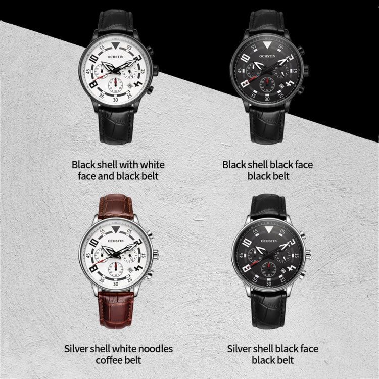 Ochstin 6050B Multifunctional Quartz Men Leather Watch(Silver+Coffee) - Leather Strap Watches by OCHSTIN | Online Shopping South Africa | PMC Jewellery | Buy Now Pay Later Mobicred