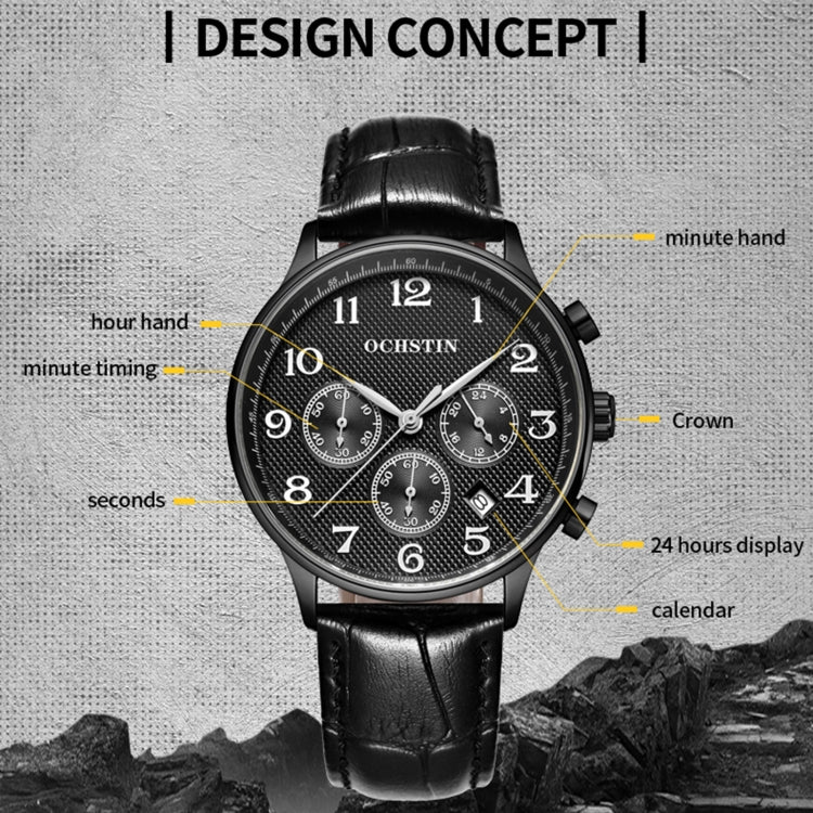 Ochstin 6050E Multifunctional Quartz Men Leather Watch(Black+Black) - Leather Strap Watches by OCHSTIN | Online Shopping South Africa | PMC Jewellery | Buy Now Pay Later Mobicred