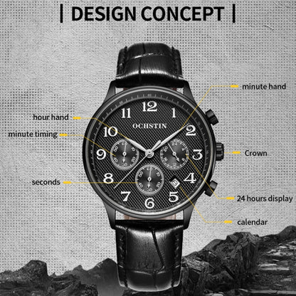 Ochstin 6050E Multifunctional Quartz Men Leather Watch(Black+Black) - Leather Strap Watches by OCHSTIN | Online Shopping South Africa | PMC Jewellery | Buy Now Pay Later Mobicred