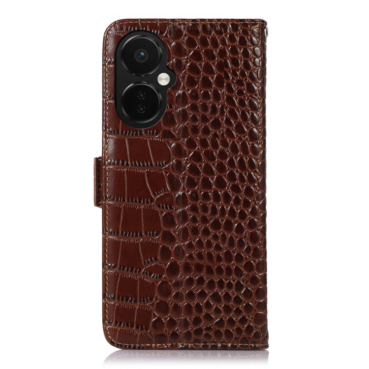 For OnePlus Nord CE 3 Lite Crocodile Top Layer Cowhide RFID Leather Phone Case(Brown) - OnePlus Cases by PMC Jewellery | Online Shopping South Africa | PMC Jewellery