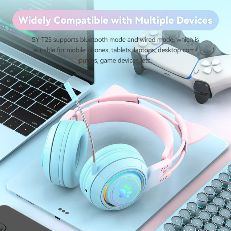 T25 RGB Stereo Cat Ear Bluetooth Wireless Headphones with Detachable Microphone(Pink+Blue) - Headset & Headphone by PMC Jewellery | Online Shopping South Africa | PMC Jewellery