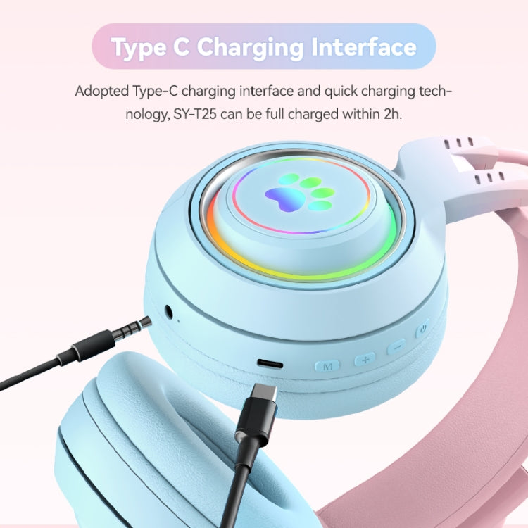 T25 RGB Stereo Cat Ear Bluetooth Wireless Headphones with Detachable Microphone(Pink+Blue) - Headset & Headphone by PMC TechLife | Online Shopping South Africa | PMC TechLife