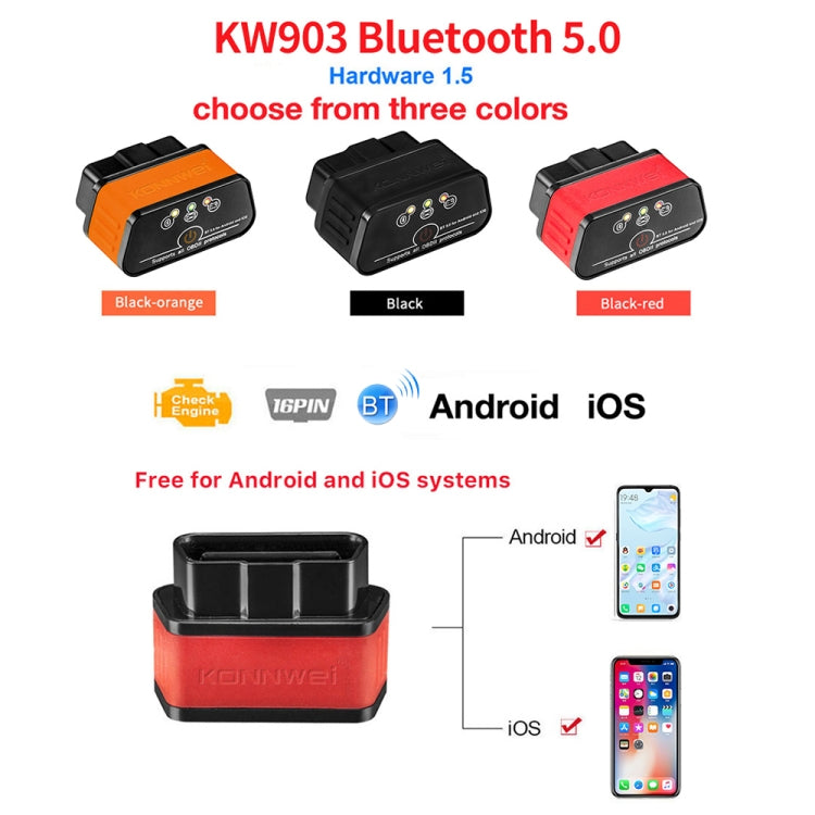 KONNWEI KW903 Bluetooth 5.0 OBD2 Car Fault Diagnostic Scan Tools Support IOS / Android(Black Red) - Code Readers & Scan Tools by KONNWEI | Online Shopping South Africa | PMC Jewellery | Buy Now Pay Later Mobicred