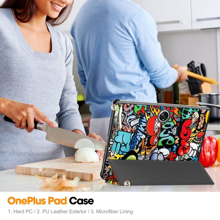 For OnePlus Pad Custer Painted 3-Fold Holder Smart Leather Tablet Case(Graffiti) - free shipping - PMC TechLife - Order now!