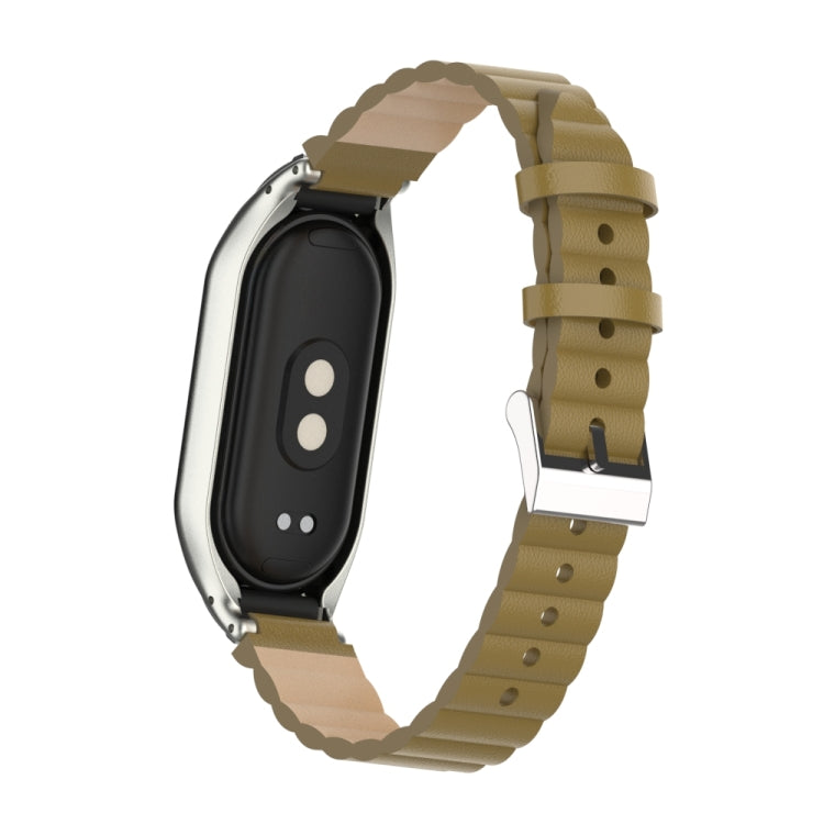 For Xiaomi Mi Band 8 Integrated Metal Case + Bamboo Leather Watch Band(Saddle) - Smart Wear by PMC TechLife | Online Shopping South Africa | PMC TechLife