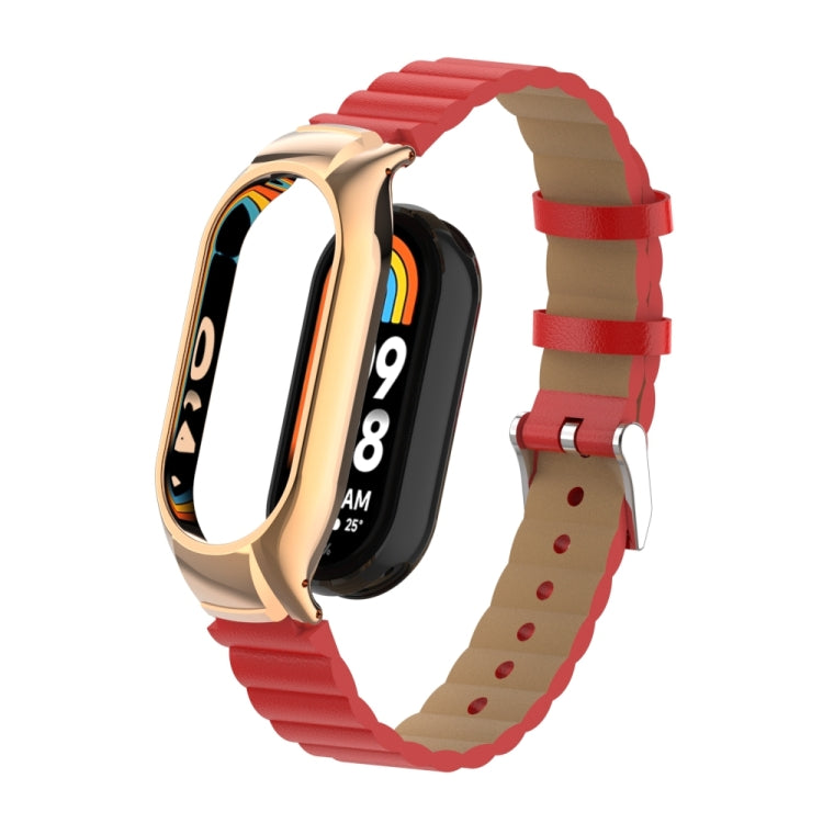 For Xiaomi Mi Band 8 Integrated Metal Case + Bamboo Leather Watch Band(Red) - Smart Wear by PMC TechLife | Online Shopping South Africa | PMC TechLife