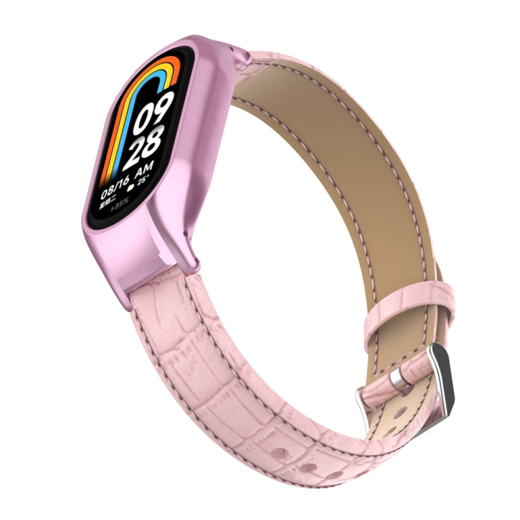 For Xiaomi Mi Band 8 Integrated Metal Case + Cocodile Texture Leather Watch Band(Pink) - Smart Wear by PMC Jewellery | Online Shopping South Africa | PMC Jewellery